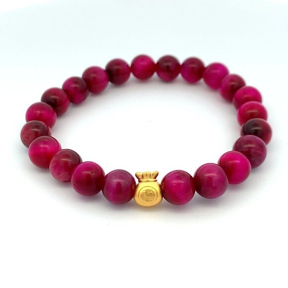 Dyed Tiger's Eye Magenta Stretchable Bracelet Size 6 with 24K Gold Money Bag - Picture 5 of 8